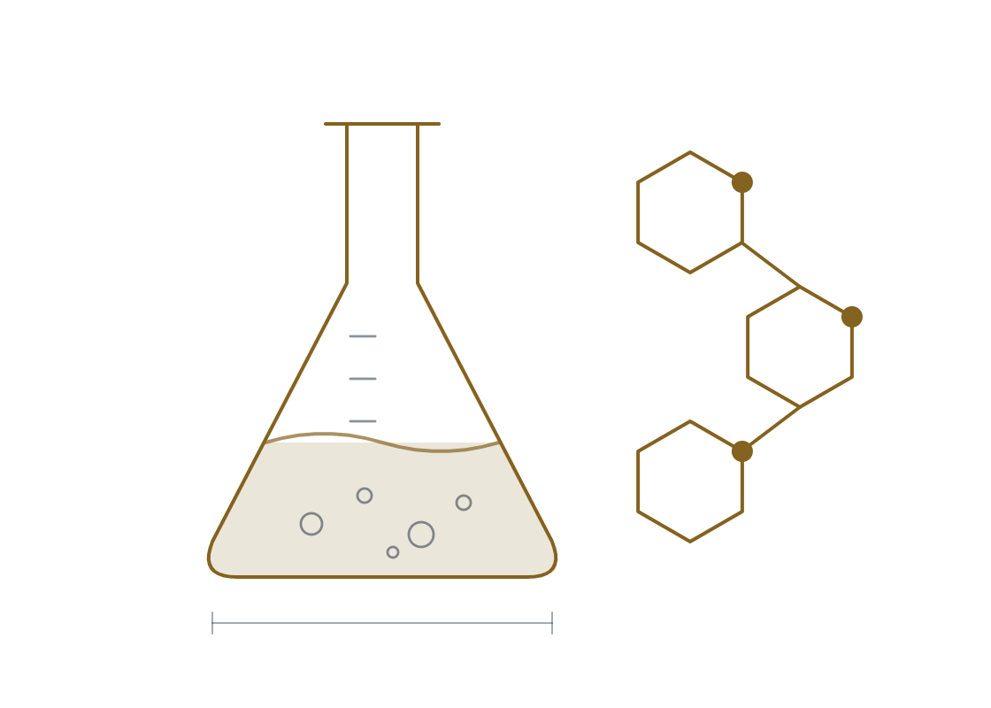 Desenho de um frasco de laboratório e de anéis de amido
